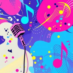 A vibrant and artistic representation of a music release, incorporating elements like musical notes, microphones, and vibrant sound waves, intertwined with brilliant colors like blue, pink, and yellow, symbolizing the excitement of a new song