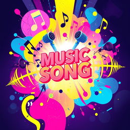A vibrant and artistic representation of a music release, incorporating elements like musical notes, microphones, and vibrant sound waves, intertwined with brilliant colors like blue, pink, and yellow, symbolizing the excitement of a new song