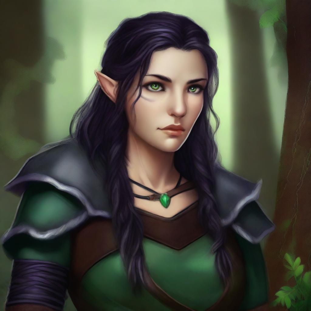 A high-quality digital art image portrays Maria, a young, serious-looking half-elf druid with alabaster skin and raven black hair intricately braided