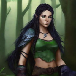 A high-quality digital art image portrays Maria, a young, serious-looking half-elf druid with alabaster skin and raven black hair intricately braided