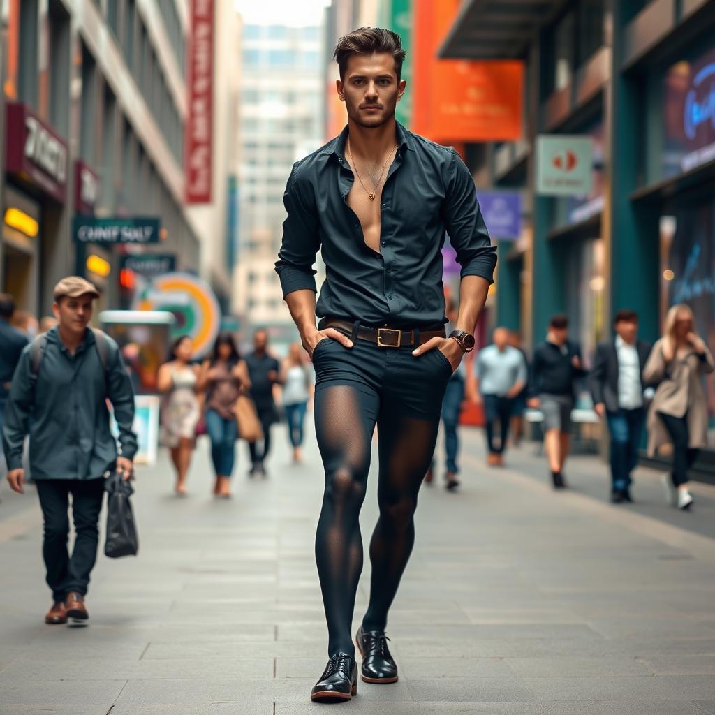A confident heterosexual man wearing stylish black pantyhose and no pants, striding confidently down a bustling public street