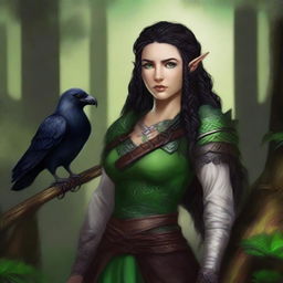 A high-quality digital art image portrays Maria, a young, serious-looking half-elf druid with alabaster skin and raven black hair intricately braided