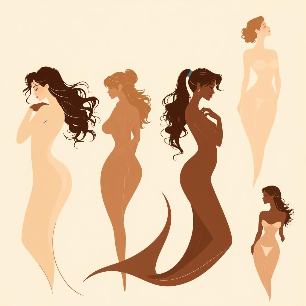 A collection of elegant and artistic representations of the female form in an abstract style, showcasing beautiful silhouettes that emphasize natural curves and grace