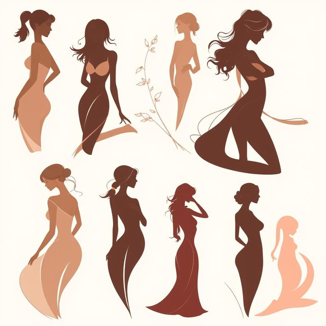 A collection of elegant and artistic representations of the female form in an abstract style, showcasing beautiful silhouettes that emphasize natural curves and grace