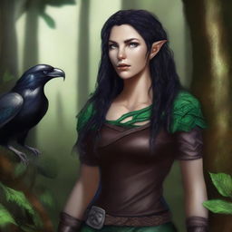 A high-quality digital art image portrays Maria, a young, serious-looking half-elf druid with alabaster skin and raven black hair intricately braided