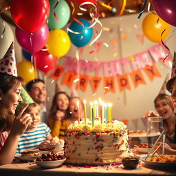 A vibrant and joyful birthday party scene, featuring colorful balloons, a beautifully decorated cake with candles, and confetti filling the air
