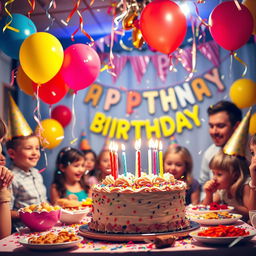 A vibrant and joyful birthday party scene, featuring colorful balloons, a beautifully decorated cake with candles, and confetti filling the air