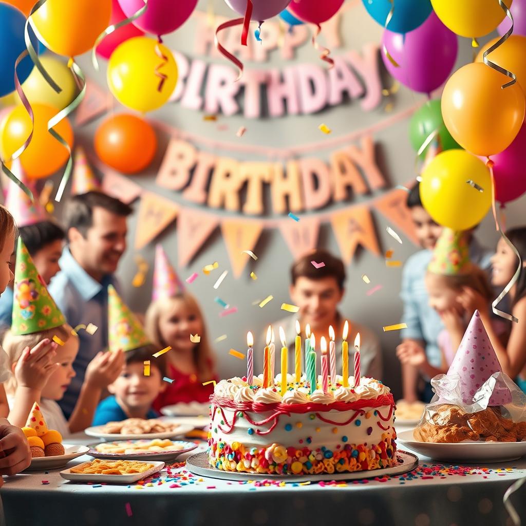 A vibrant and joyful birthday party scene, featuring colorful balloons, a beautifully decorated cake with candles, and confetti filling the air