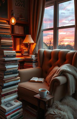 A cozy reading nook filled with love novels stacked in piles around a plush armchair