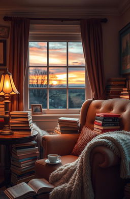 A cozy reading nook filled with love novels stacked in piles around a plush armchair