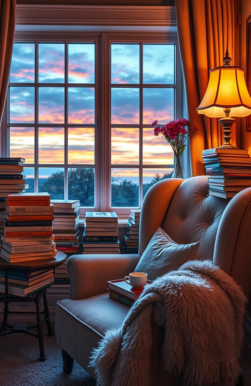 A cozy reading nook filled with love novels stacked in piles around a plush armchair