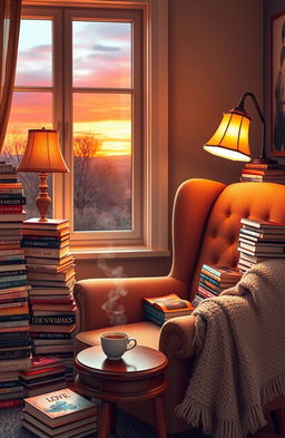 A cozy reading nook filled with love novels stacked in piles around a plush armchair