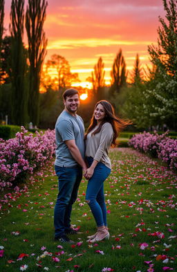 A romantic scene featuring a loving couple in a beautiful park during sunset