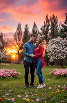 A romantic scene featuring a loving couple in a beautiful park during sunset