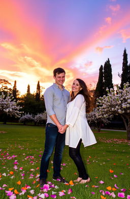 A romantic scene featuring a loving couple in a beautiful park during sunset