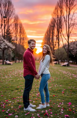 A romantic scene featuring a loving couple in a beautiful park during sunset