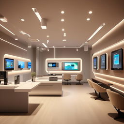 A sleek home automation office with neutral colored walls, modern furniture, and tech-themed accents. Display areas for smart products, a cozy consultation corner, and an efficient checkout space. An inviting atmosphere for tech lovers with integrated lighting and a clean aesthetic.