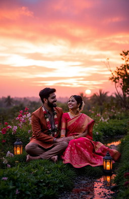 A romantic scene depicting a young Indian couple enjoying a sunset at a picturesque location