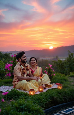 A romantic scene depicting a young Indian couple enjoying a sunset at a picturesque location