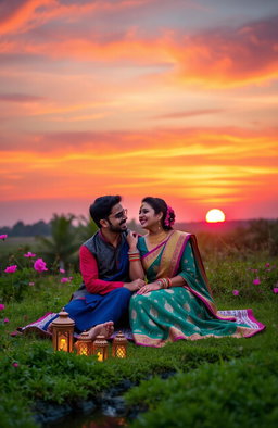 A romantic scene depicting a young Indian couple enjoying a sunset at a picturesque location