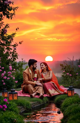 A romantic scene depicting a young Indian couple enjoying a sunset at a picturesque location