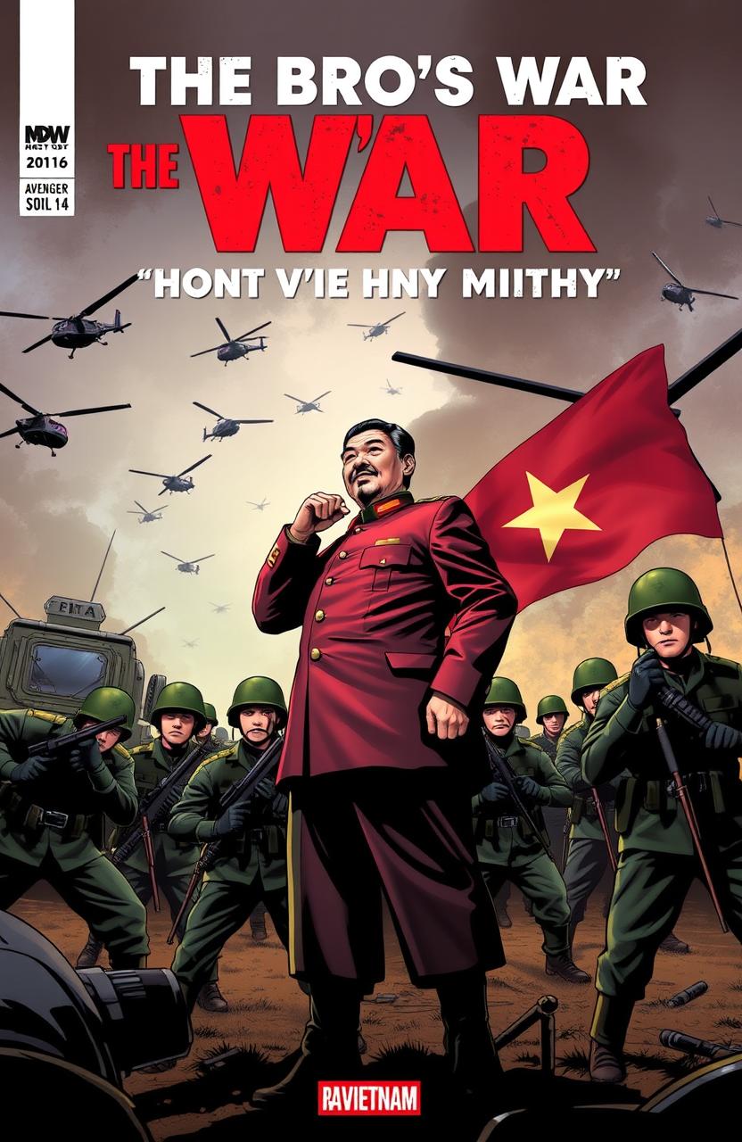 A comic book cover for 'THE BRO'S WAR: A HO CHI MINH STORY', featuring a dramatic scene of Ho Chi Minh standing confidently, facing off against soldiers from South Vietnam