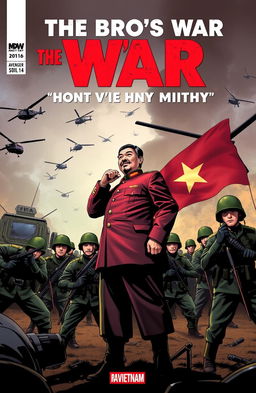 A comic book cover for 'THE BRO'S WAR: A HO CHI MINH STORY', featuring a dramatic scene of Ho Chi Minh standing confidently, facing off against soldiers from South Vietnam