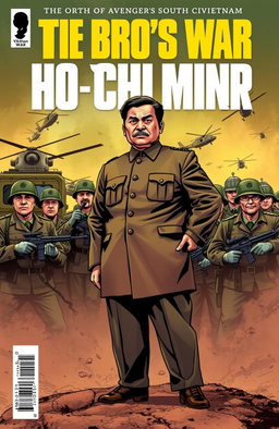 A comic book cover for 'THE BRO'S WAR: A HO CHI MINH STORY', featuring a dramatic scene of Ho Chi Minh standing confidently, facing off against soldiers from South Vietnam
