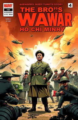 A comic book cover for 'THE BRO'S WAR: A HO CHI MINH STORY', featuring a dramatic scene of Ho Chi Minh standing confidently, facing off against soldiers from South Vietnam