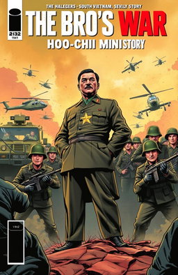 A comic book cover for 'THE BRO'S WAR: A HO CHI MINH STORY', featuring a dramatic scene of Ho Chi Minh standing confidently, facing off against soldiers from South Vietnam