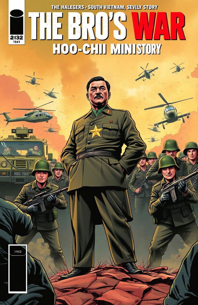 A comic book cover for 'THE BRO'S WAR: A HO CHI MINH STORY', featuring a dramatic scene of Ho Chi Minh standing confidently, facing off against soldiers from South Vietnam