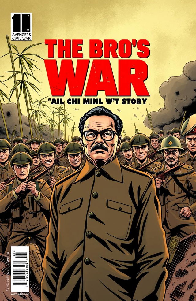 A dynamic comic book cover design for 'THE BRO'S WAR: A HO CHI MINH STORY', featuring Ho Chi Minh standing boldly in the foreground, facing a group of South Vietnamese soldiers