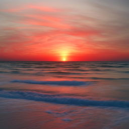 A vibrant sunset over a serene beach, complete with blue waters, light waves, a sandy shore and a glowing red-orange sun descending into the horizon.