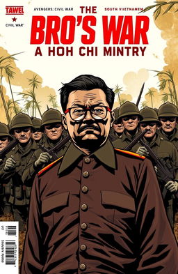 A dynamic comic book cover design for 'THE BRO'S WAR: A HO CHI MINH STORY', featuring Ho Chi Minh standing boldly in the foreground, facing a group of South Vietnamese soldiers