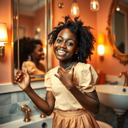A candid portrayal of a confident Black girl in a stylish bathroom setting, adorned with elegant decor and vibrant colors