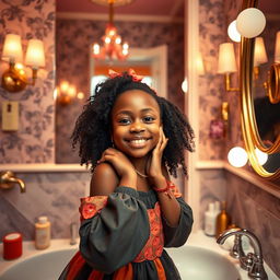 A candid portrayal of a confident Black girl in a stylish bathroom setting, adorned with elegant decor and vibrant colors