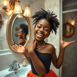 A candid portrayal of a confident Black girl in a stylish bathroom setting, adorned with elegant decor and vibrant colors