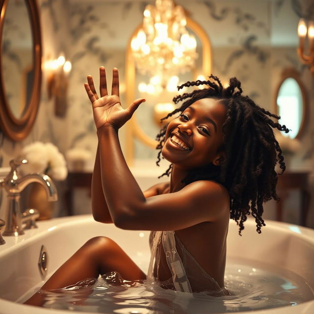 An expressive image of a Black girl in a luxurious bathroom setting, embracing freedom and confidence