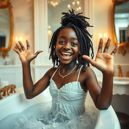 An expressive image of a Black girl in a luxurious bathroom setting, embracing freedom and confidence