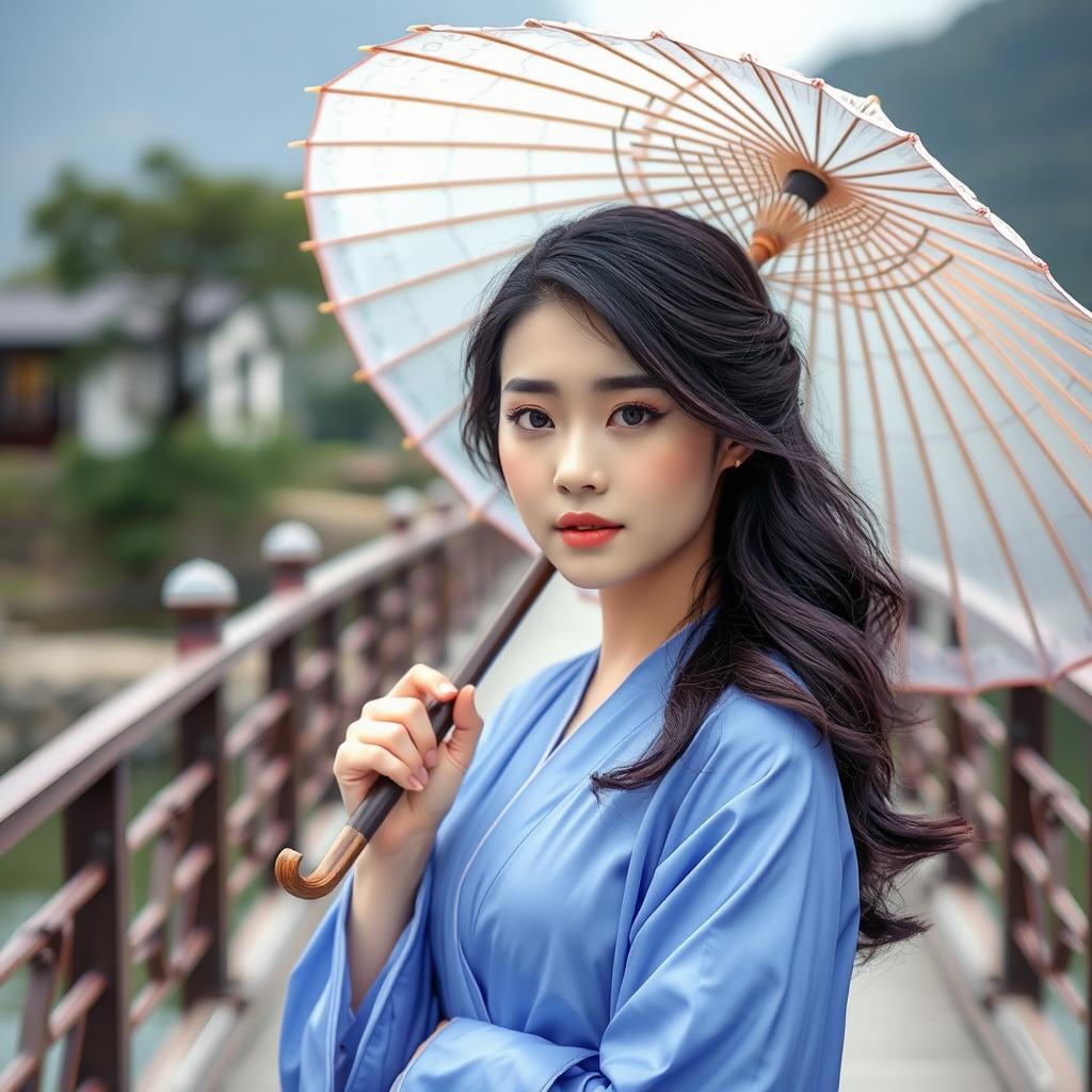 A woman dressed in a flowing blue robe, gracefully standing on a picturesque bridge