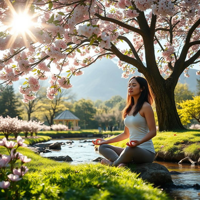 A serene setting depicting personal development, featuring a woman meditating in a lush green park under a cherry blossom tree