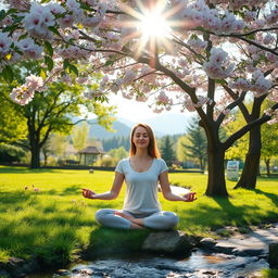 A serene setting depicting personal development, featuring a woman meditating in a lush green park under a cherry blossom tree
