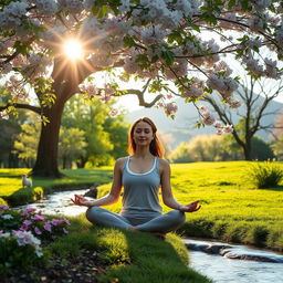 A serene setting depicting personal development, featuring a woman meditating in a lush green park under a cherry blossom tree