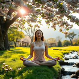 A serene setting depicting personal development, featuring a woman meditating in a lush green park under a cherry blossom tree