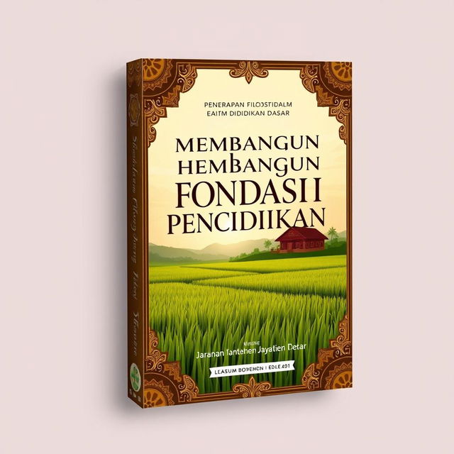 A beautifully designed book cover themed around Javanese culture titled 'Membangun Fondasi Pendidikan: Penerapan Filosofi dalam Pendidikan Dasar'