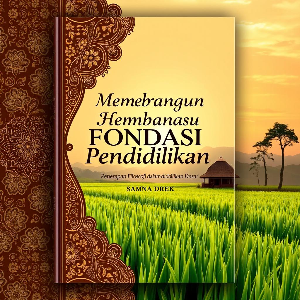 A beautifully designed book cover themed around Javanese culture titled 'Membangun Fondasi Pendidikan: Penerapan Filosofi dalam Pendidikan Dasar'