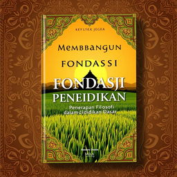A beautifully designed book cover themed around Javanese culture titled 'Membangun Fondasi Pendidikan: Penerapan Filosofi dalam Pendidikan Dasar'