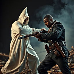 An intense and gritty scene showing a Black Civil War soldier in Union uniform engaged in a fierce struggle against a Ku Klux Klan member dressed in a white robe and hood