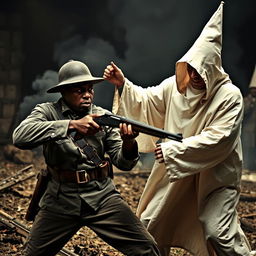 An intense and gritty scene showing a Black Civil War soldier in Union uniform engaged in a fierce struggle against a Ku Klux Klan member dressed in a white robe and hood