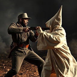 An intense and gritty scene showing a Black Civil War soldier in Union uniform engaged in a fierce struggle against a Ku Klux Klan member dressed in a white robe and hood